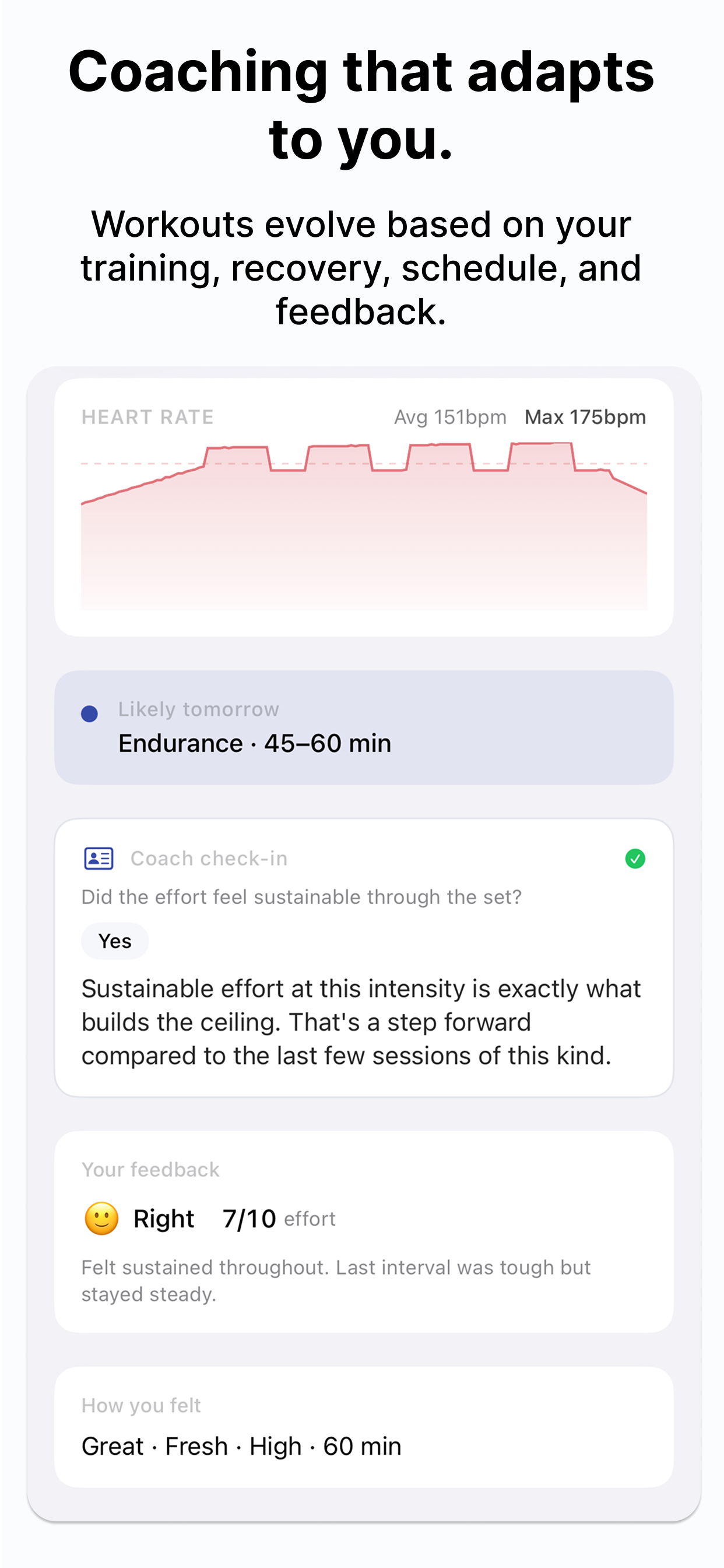 SmarterTraining showing how workouts evolve based on training, recovery, schedule, and feedback, including a coach check-in confirming a sustainable effort and the rider's feedback