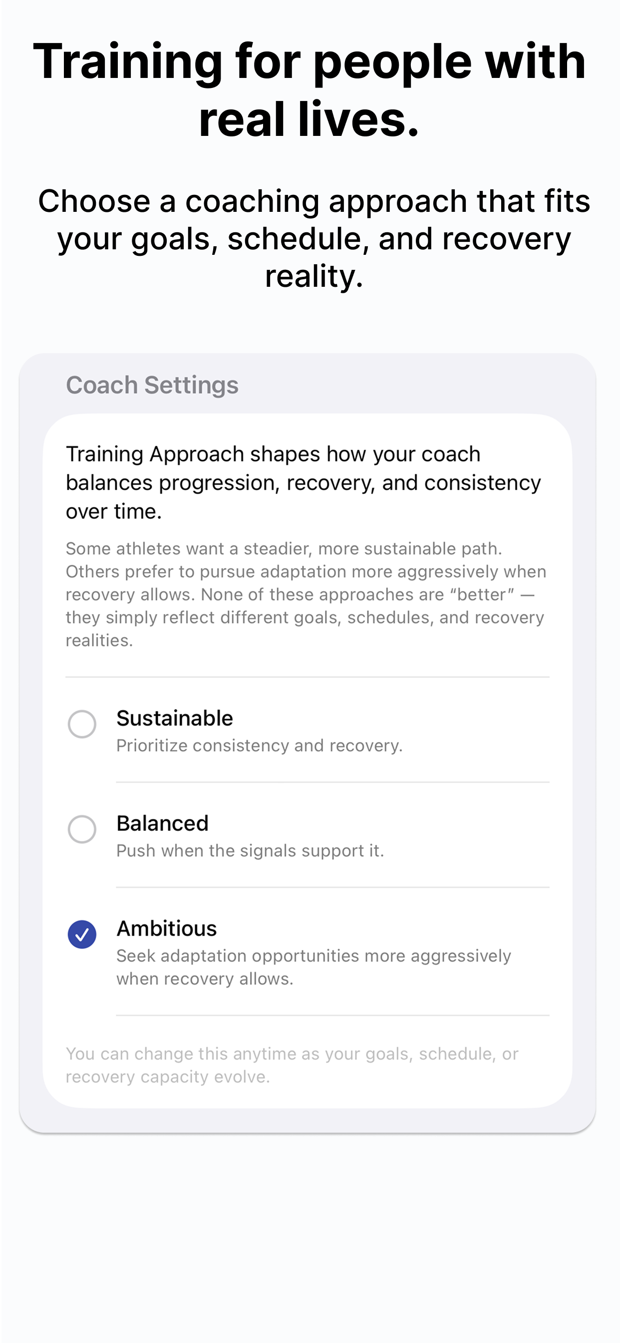 SmarterTraining coach settings showing the training approach options: Sustainable, Balanced, and Ambitious, with Ambitious selected