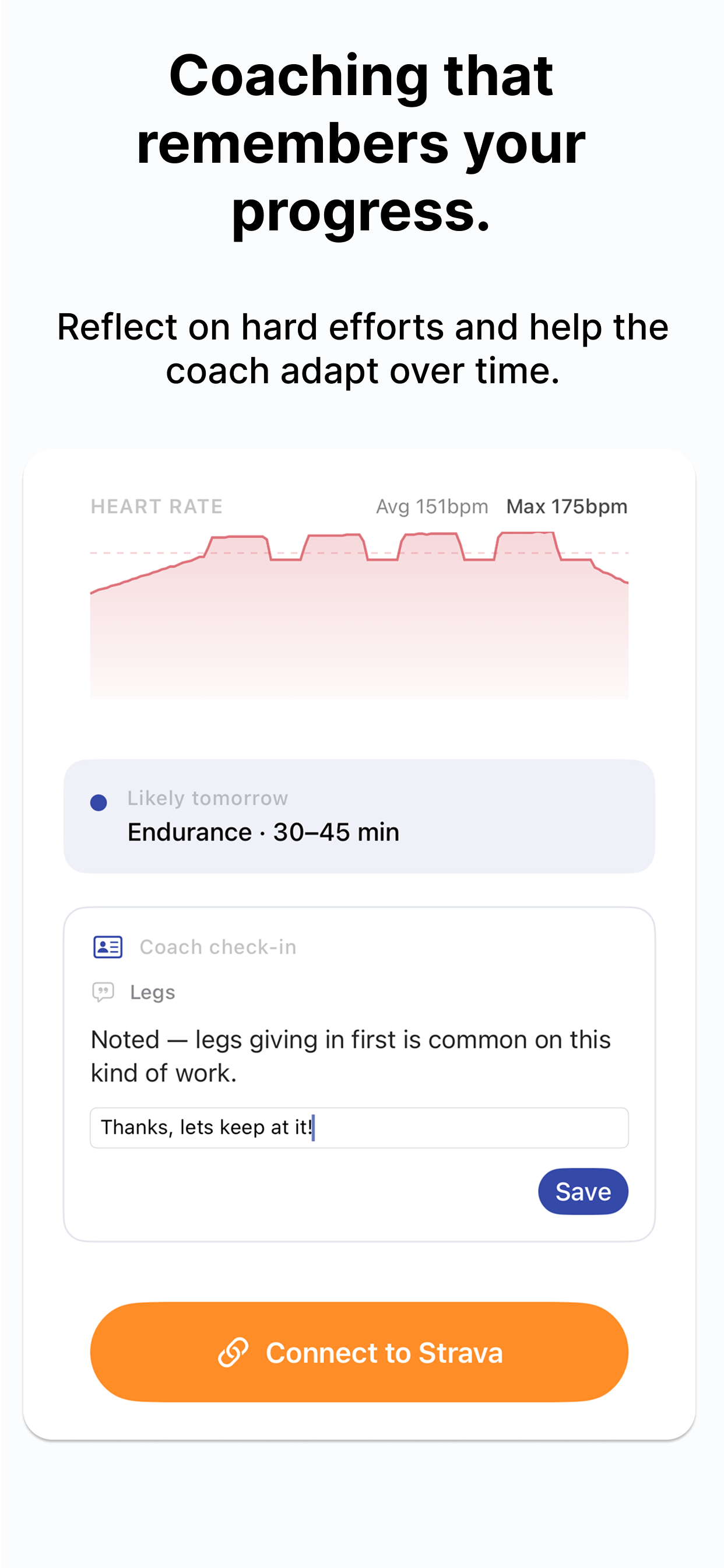 SmarterTraining coach check-in after a hard effort, with a reflection on how the legs felt, a reply field, and a Connect to Strava button