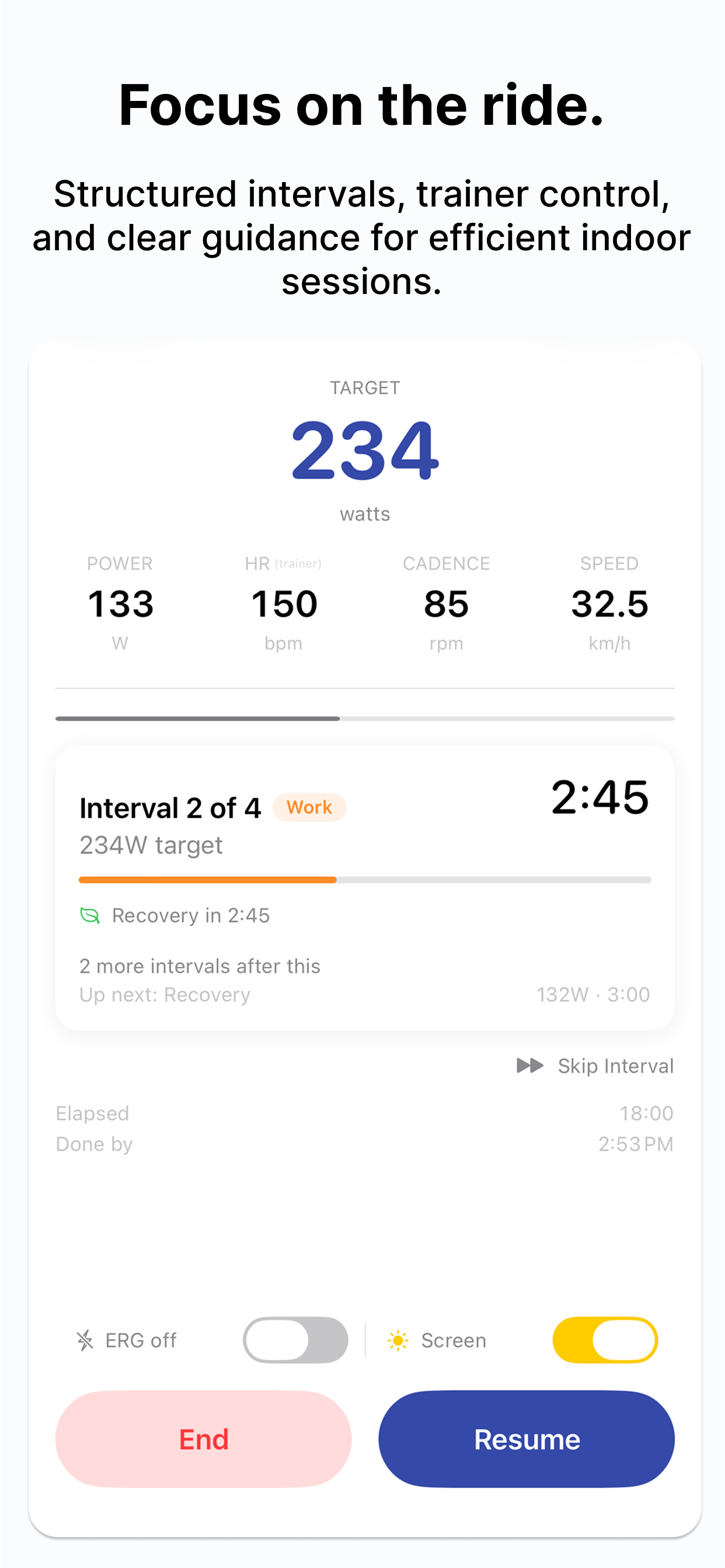 SmarterTraining post-workout summary showing duration, average and max power, heart rate, cadence, estimated energy burn, and power and heart-rate graphs