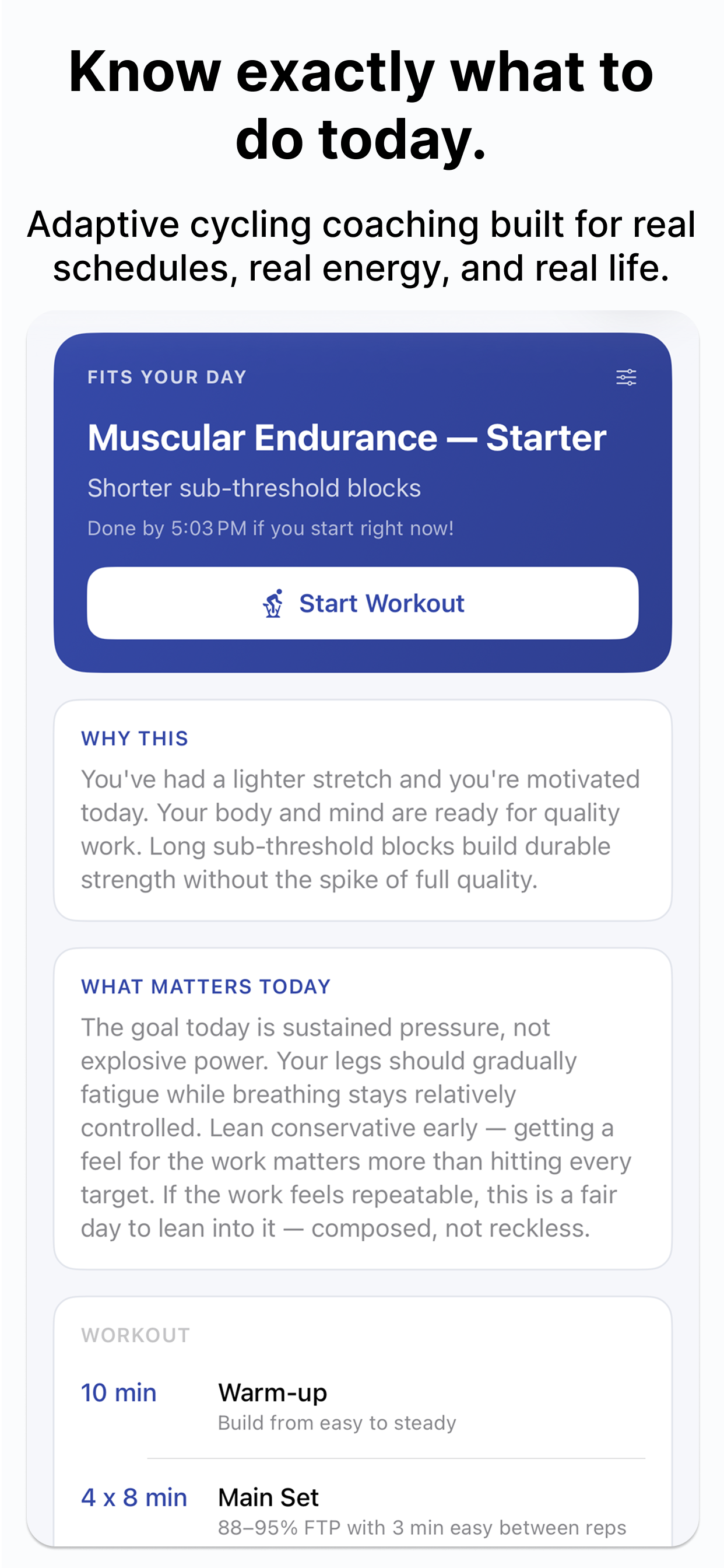 SmarterTraining's daily recommendation: a Muscular Endurance starter workout that fits your day, with Why This and What Matters Today explanations and the workout breakdown