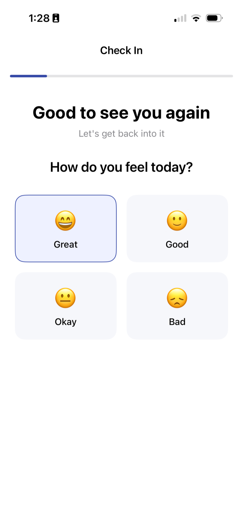 SmarterTraining daily check-in asking how you feel today