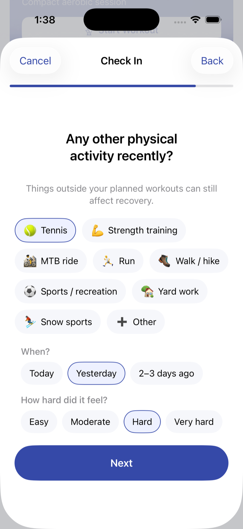 SmarterTraining asking about life outside training — sleep, stress, travel