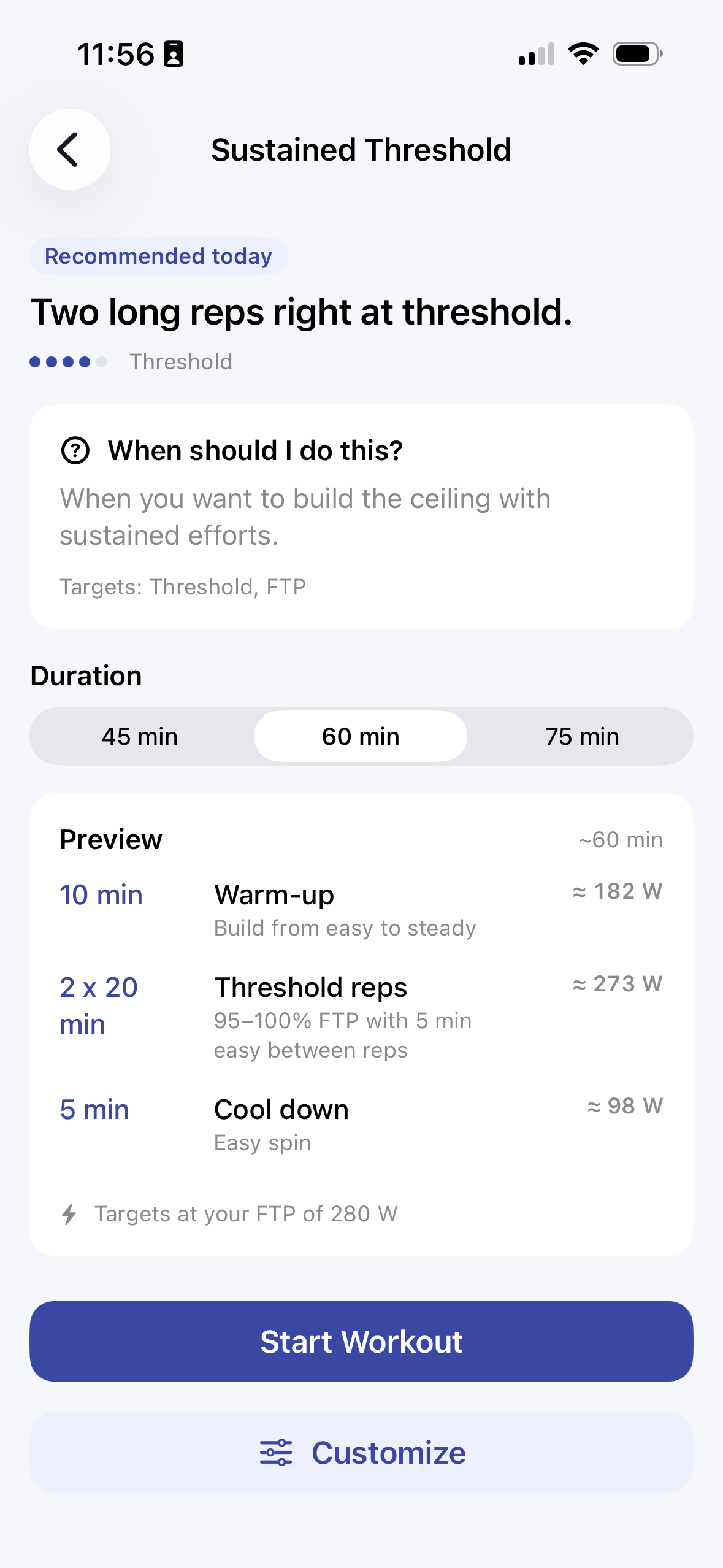 SmarterTraining workout detail showing a recommended threshold session with duration options, a preview, and a customize button