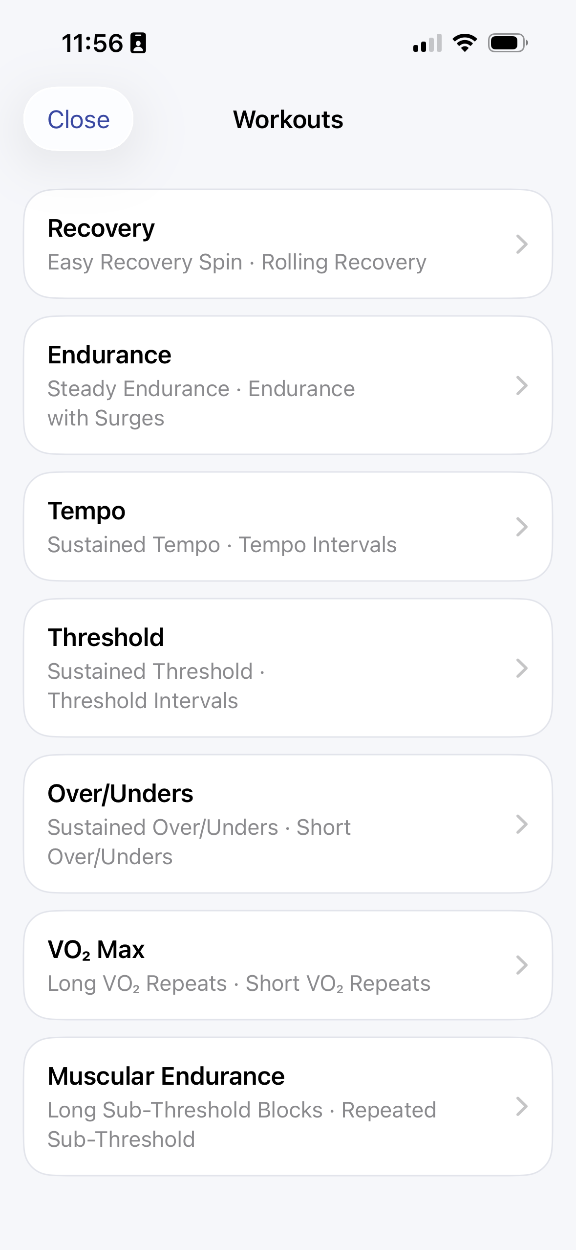 SmarterTraining workout library with recovery, endurance, tempo, threshold, over/unders, VO₂ max, and muscular endurance workouts